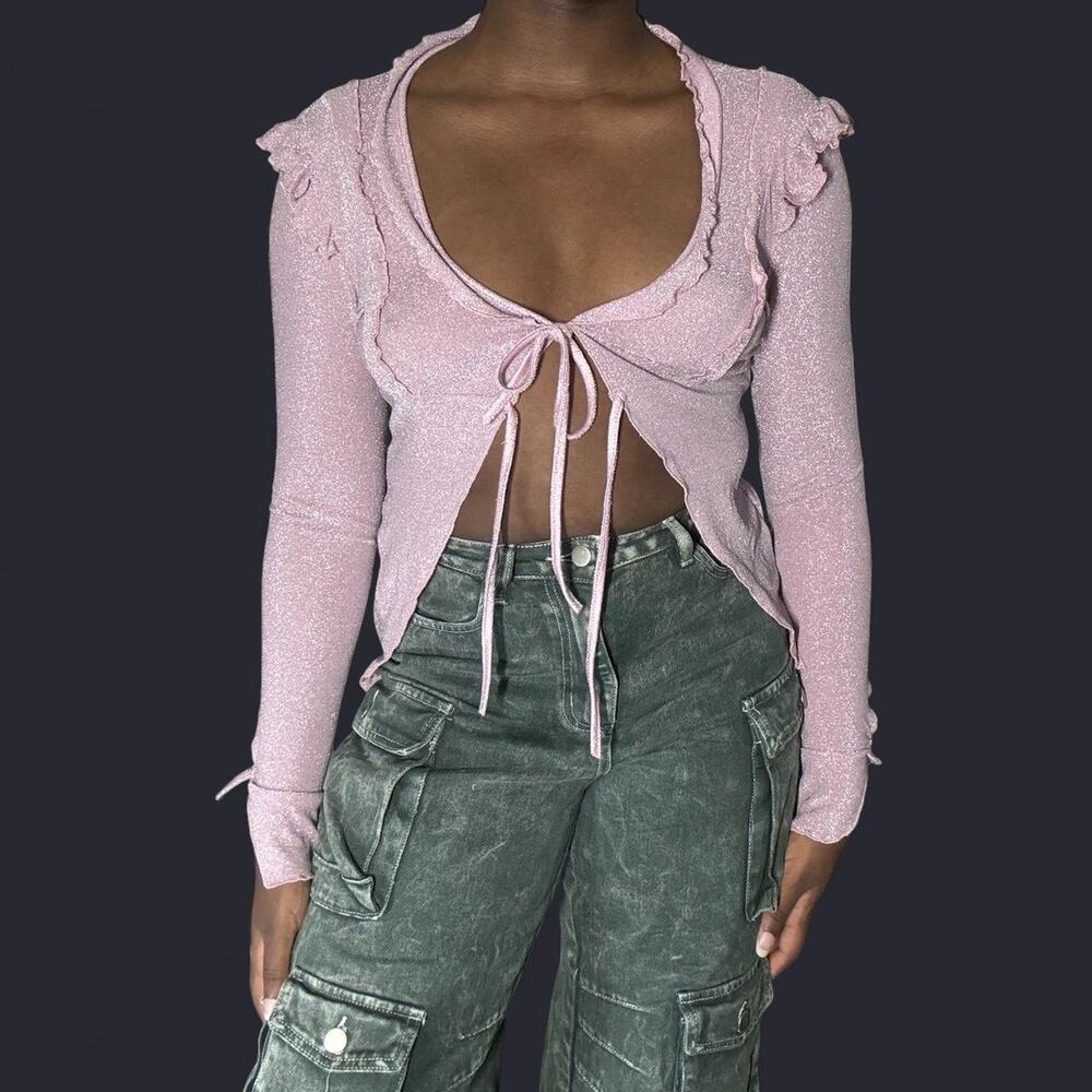 Pink sparkly tie front top